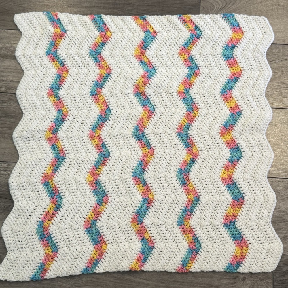 Handmade Crochet Afghan Baby Blanket 26 ×‎ 26" White Teal Pink Chevron